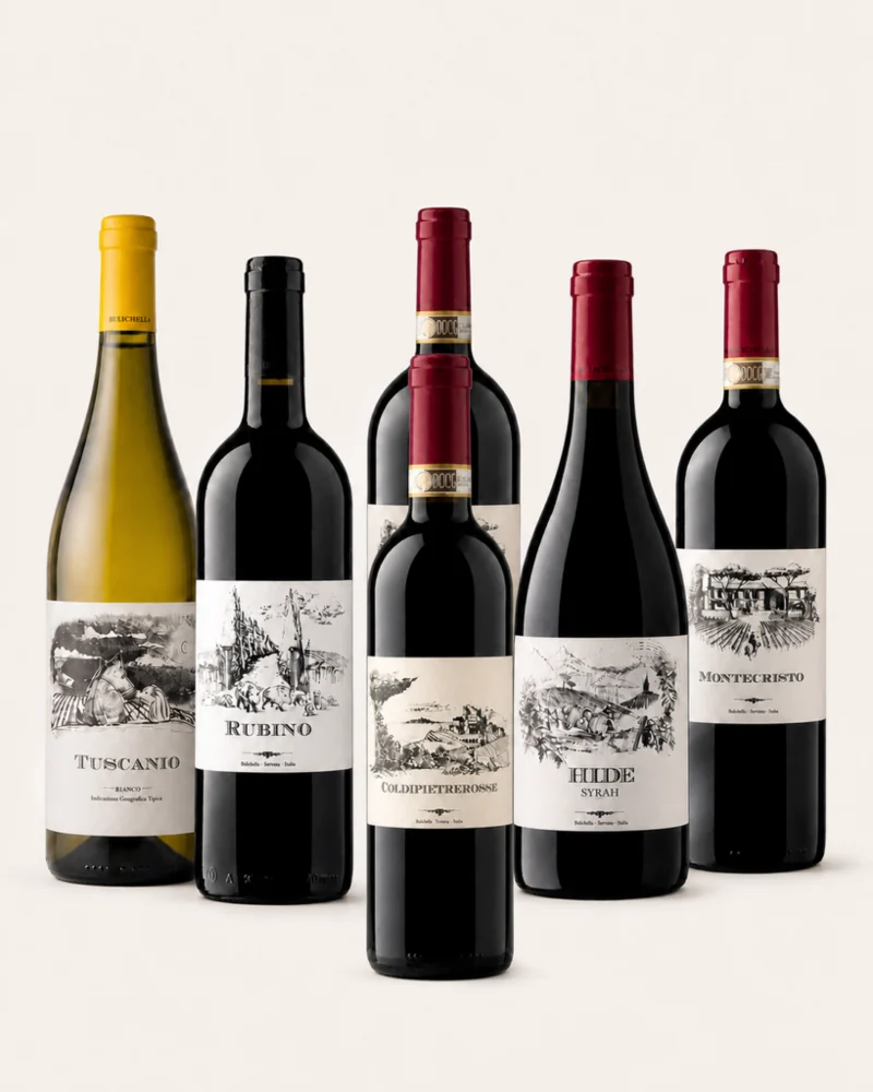 Villa Bianca Premium Smagekasse med seks flasker i stram standardformation og korrekt Bordeaux-flaske til Coldipietrerosse
